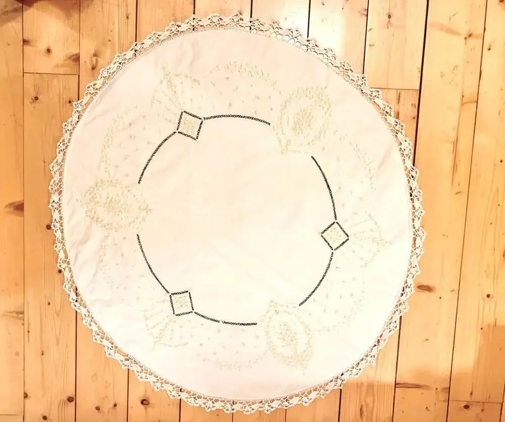 Embroidered Crochet Round  small table cloth vintage handmade beige yellow pink